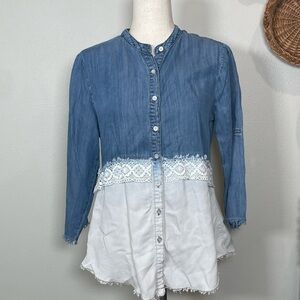 Women’s Scully Tencel Blue & White Ombré Button Up Shirt Blouse Lace Size Medium